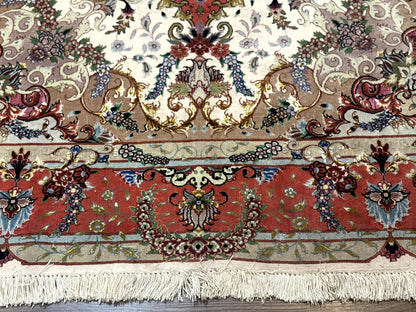 Wonderful Persian Tabriz Rug 5x7, Very Fine 440 KPSI, Ivory and Coral, Rare