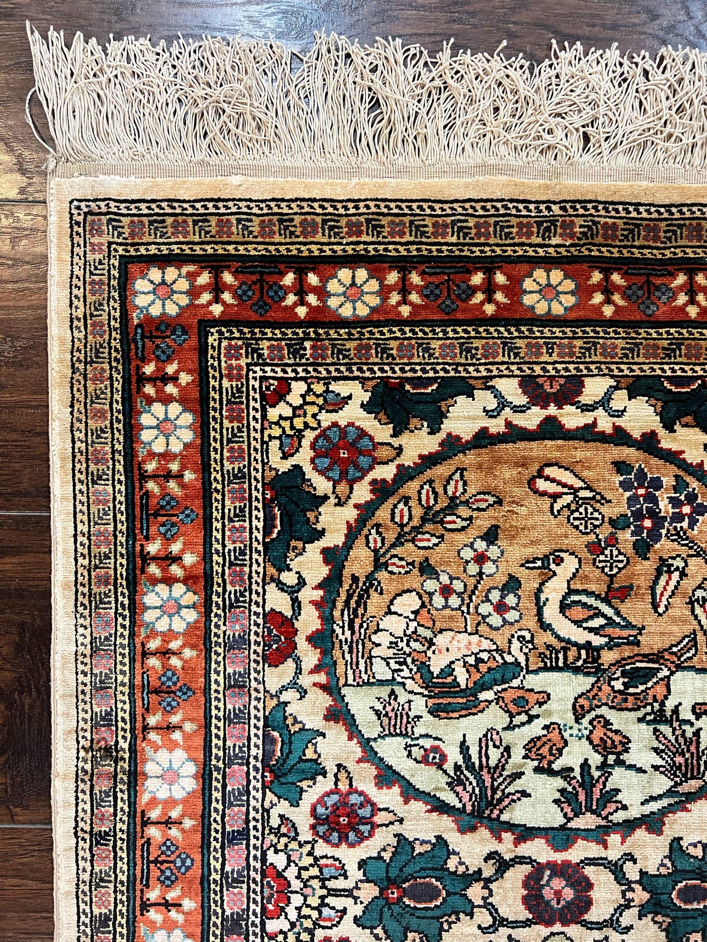 Silk Turkish Rug 2x4, Fine Handmade Oriental Rug, Animal Pictorial Birds Silk Pile on Silk Foundation Vintage Hand Knotted Hereke Carpet