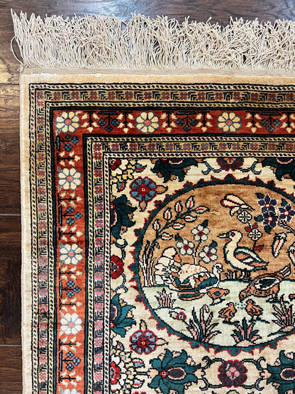 Silk Turkish Rug 2x4, Fine Handmade Oriental Rug, Animal Pictorial Birds Silk Pile on Silk Foundation Vintage Hand Knotted Hereke Carpet