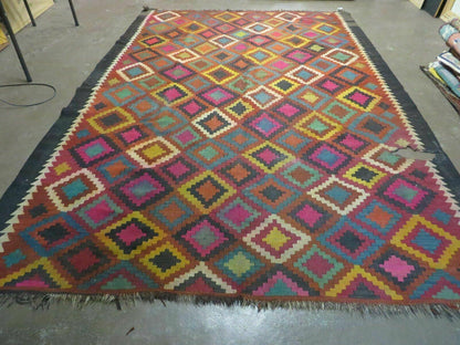 Antique Afghan Kilim Rug Handmade Flatweave Wool 7x10 Vintage Colorful Diamond Pattern
