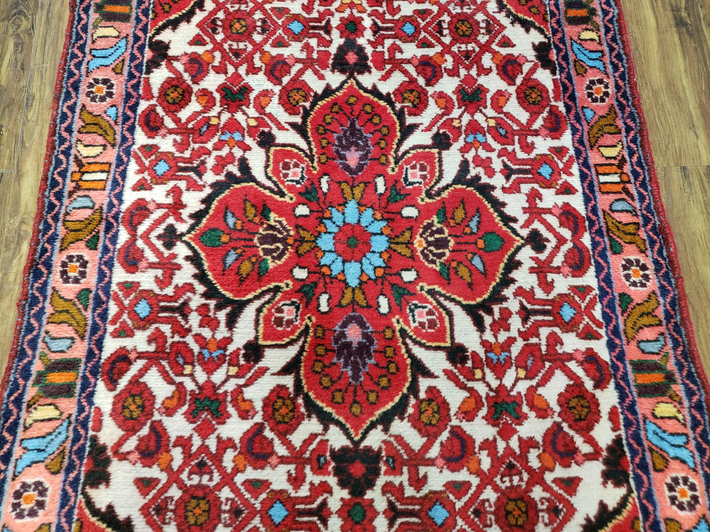 Handmade Floral Wool Rug Turkish Vintage 3 Ft 2 In By 5 Ft 1 In Red Beige Ivory