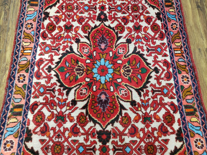 Handmade Floral Wool Rug Turkish Vintage 3 Ft 2 In By 5 Ft 1 In Red Beige Ivory