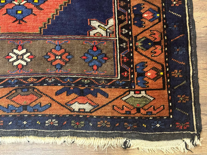 Persian Nahavand Rug 3x6 Geometric Medallion Village Tribal Design In Terracotta And Navy