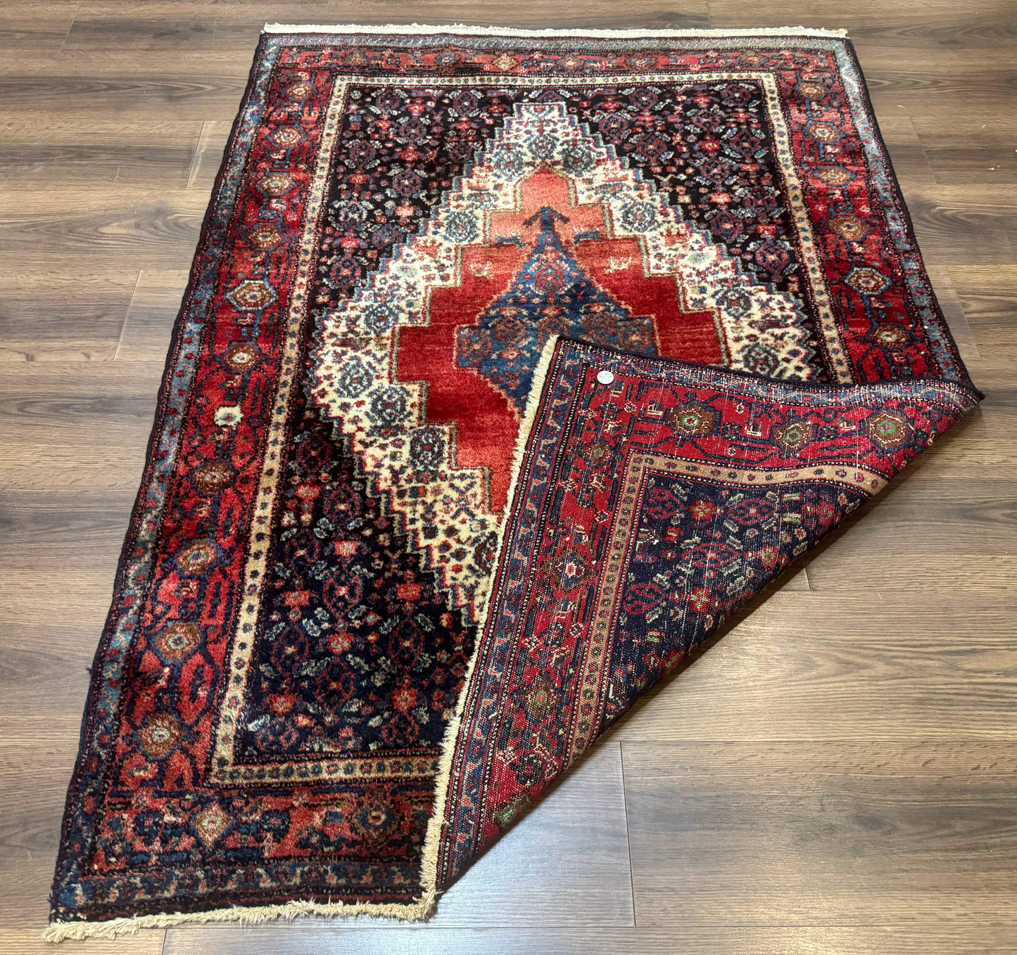 Senneh Rug Antique Persian Kurdish 4x5 Wool Geometric Medallion Carpet