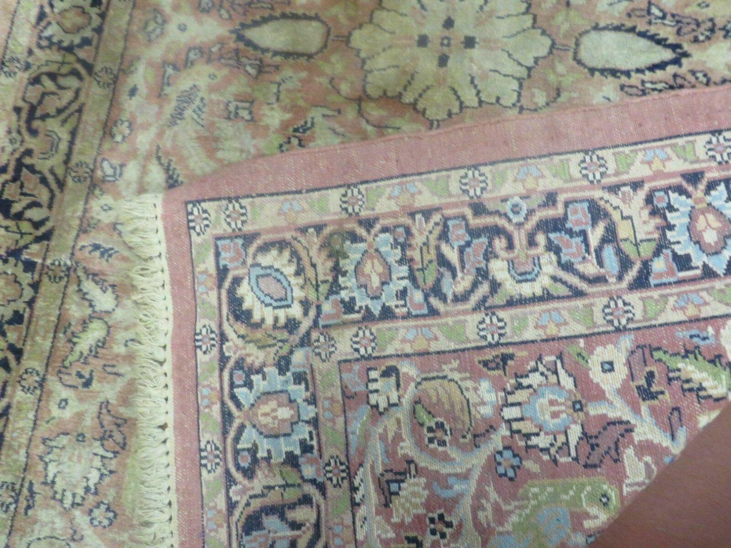 Indian Silk Rug 4x6, Indian Kashmiri Silk Carpet 4 x 6 ft, Vintage Hand Knotted Floral Bird Motifs, Light Pink and Navy Blue, Silk on Cotton