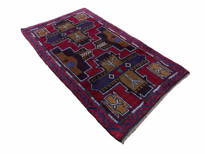 2' 10" X 4' 9" Vintage Handmade Tribal Wool Rug Balouchi Rug Afghan Rug Red Blue