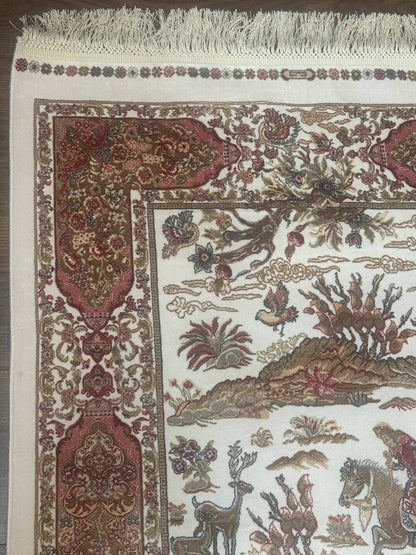 Long Turkish Silk Runner Rug 2.6 x 16.5, Hunting Design, Ivory, Bamboo Silk, New