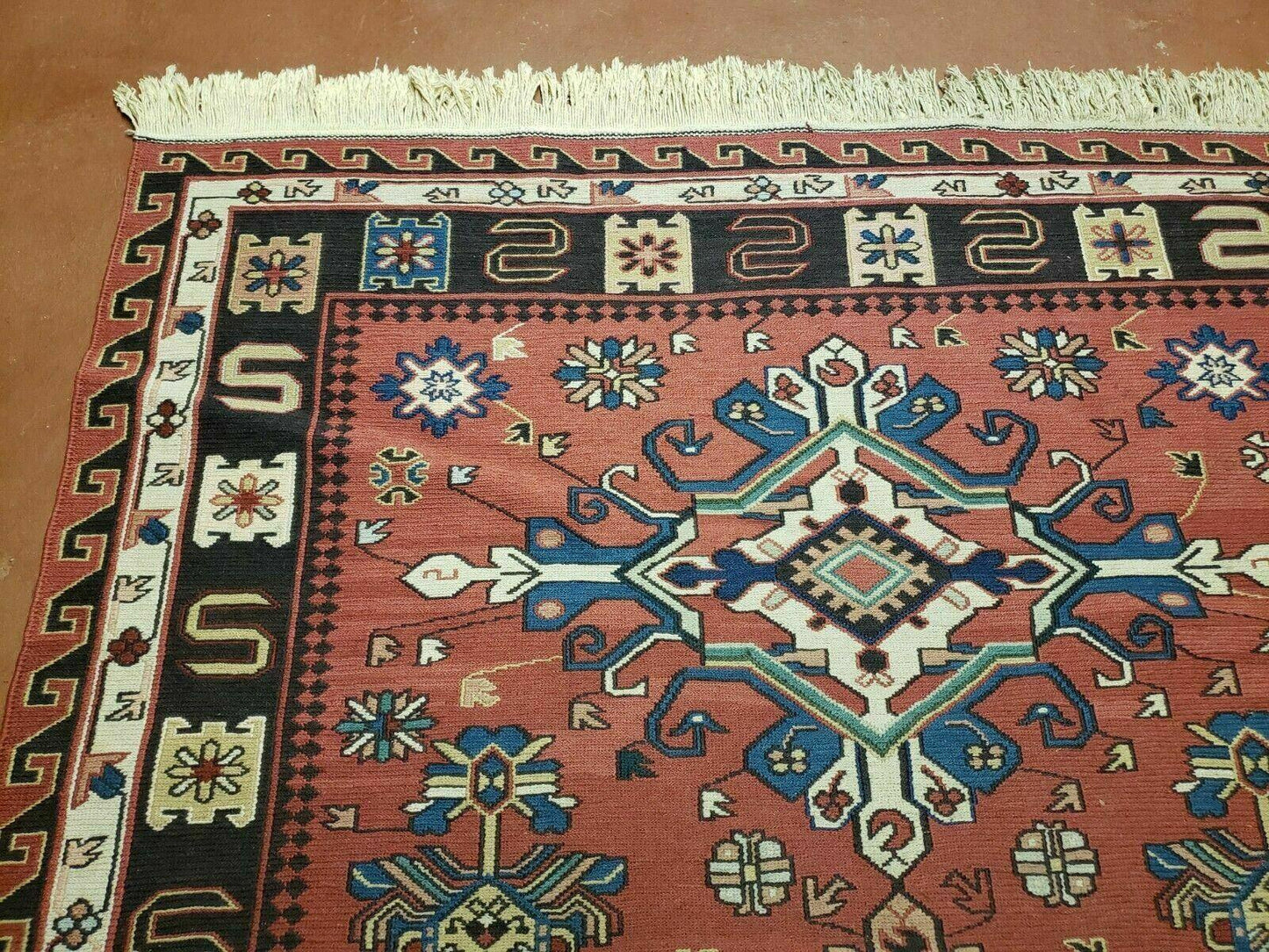 Vintage Russian Kilim Rug Soumak Flat Weave Wool 4x6 Caucasian Handmade 1980s