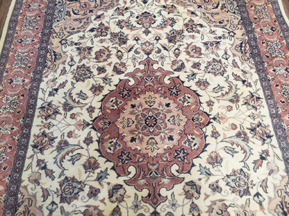 Handmade Pakistani Floral Wool Rug 4x6 Vegetable Dyes Carpet Beige Salmon