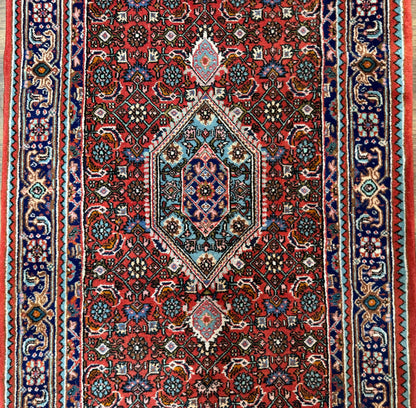 Indo Persian Bidjar Runner Rug 3 x 18.6, Red Navy Blue, Long Runner, Wool Oriental Carpet