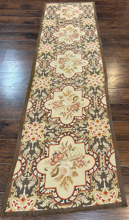 Needlepoint Runner Rug 9.8 Ft Handwoven Wool Floral Brown Beige European Design