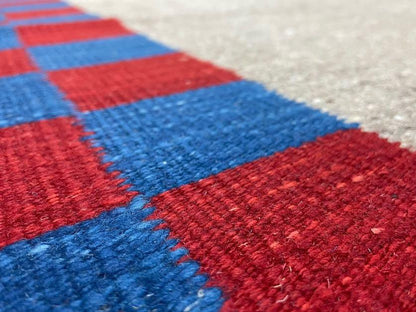 Gray Turkish Kilim Carpet 5' 7" x 7' 7", Medium Kilim Rug, Hand-Knotted, Blue & Red Border, Minimalistic Design, Geometric, Wool, New