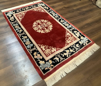 Chinese Wool Rug Handmade 4x6 Dark Red 90 Line Carving Hand Knotted