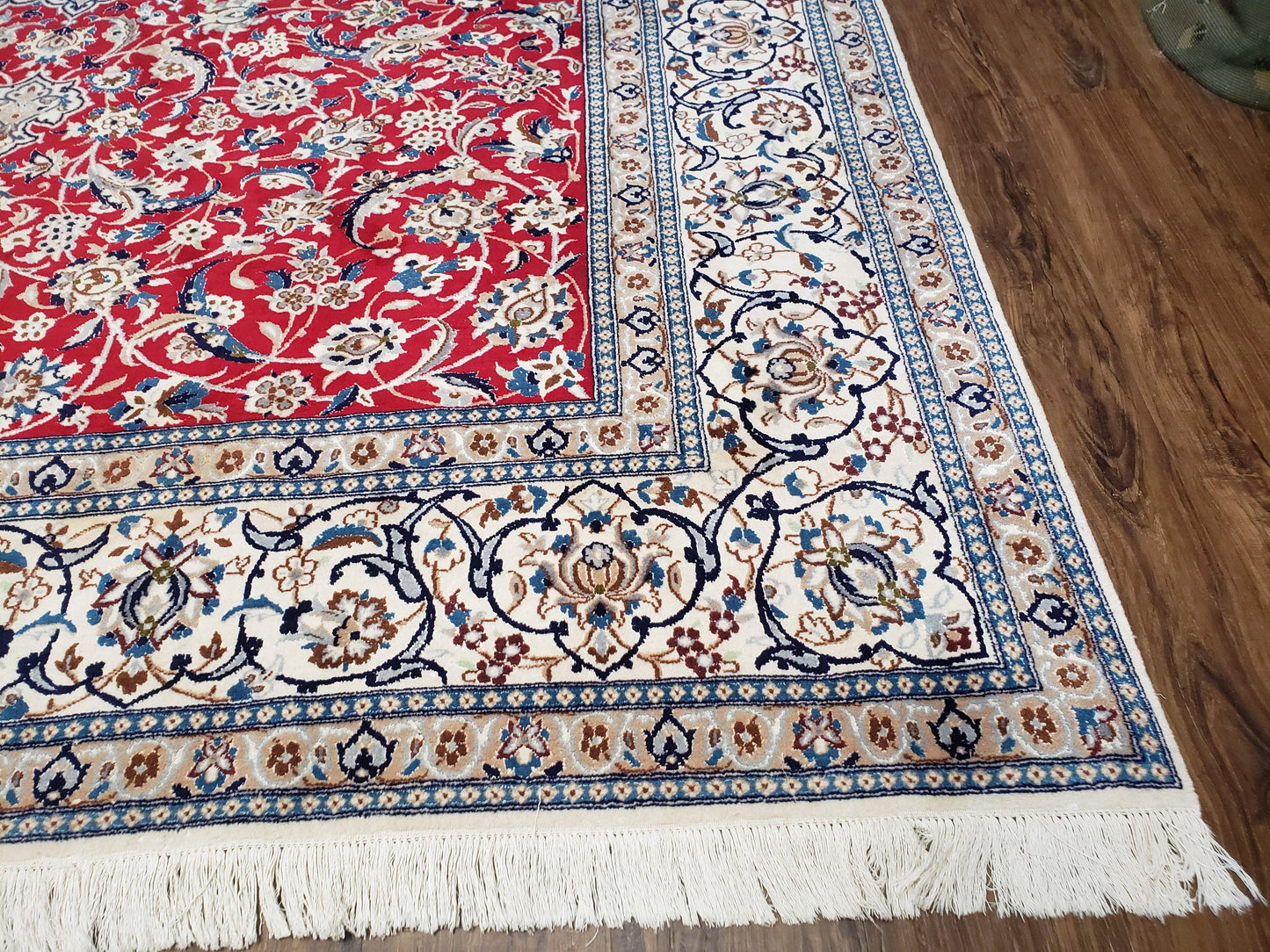 Persian Nain Rug 8x12, Red and Ivory, Signed