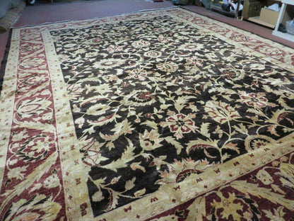 11' X 15' Vintage Hand Knotted Indian Agra Wool Rug Hand Made Dark Brown Floral