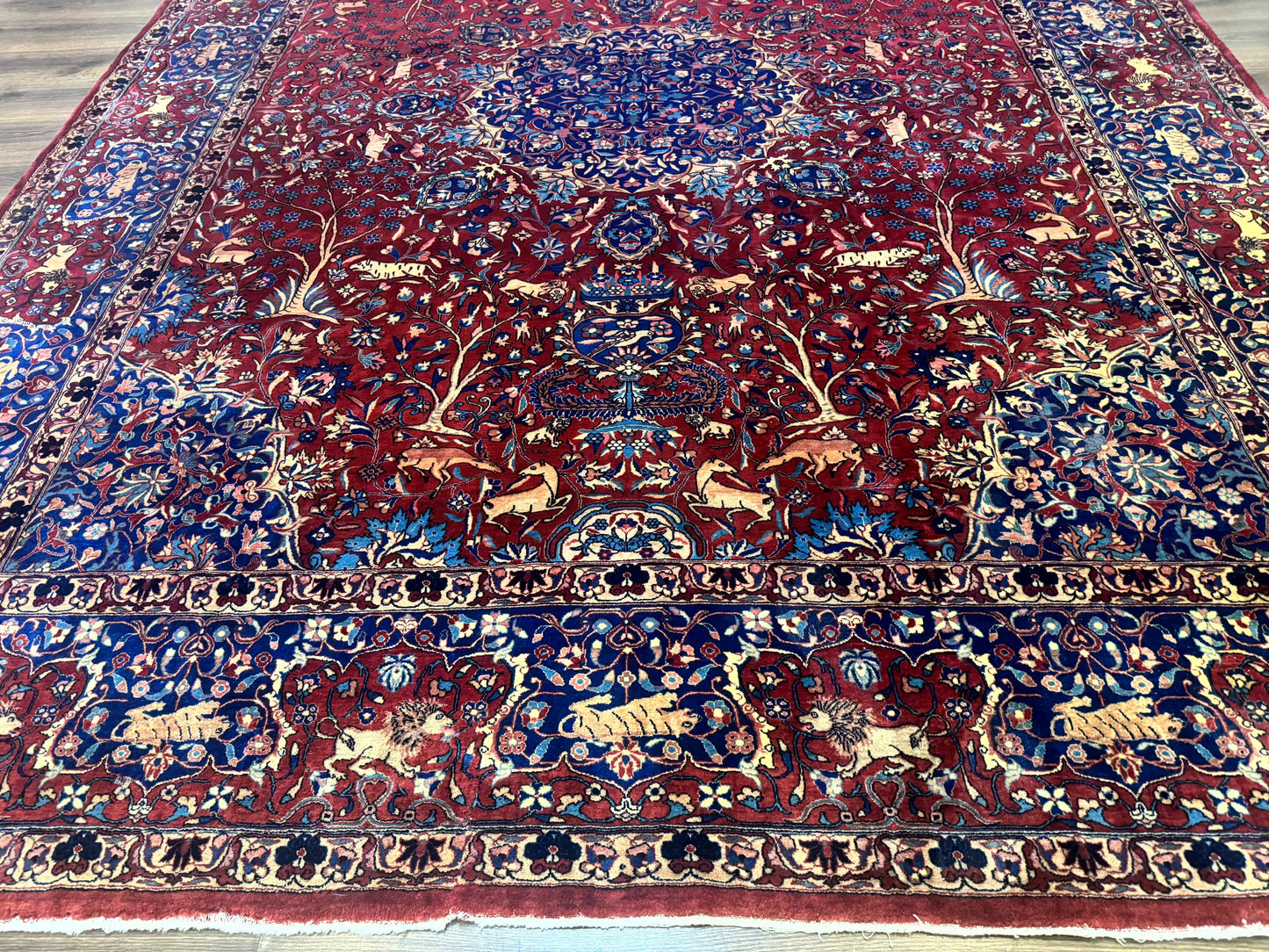 Antique Indo Persian Kerman Rug 9x12 Hand Knotted Wool Tree Of Life Floral Medallion