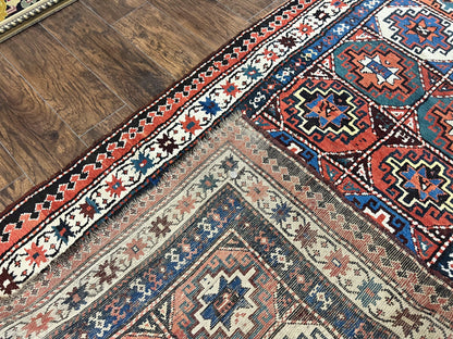 Antique Caucasian Kazak Runner Rug 4 x 9.5, Handmade Wool Rug for Hallway, Rare Colorful Panel Design Mid 19th Century 1870s Oriental Carpet