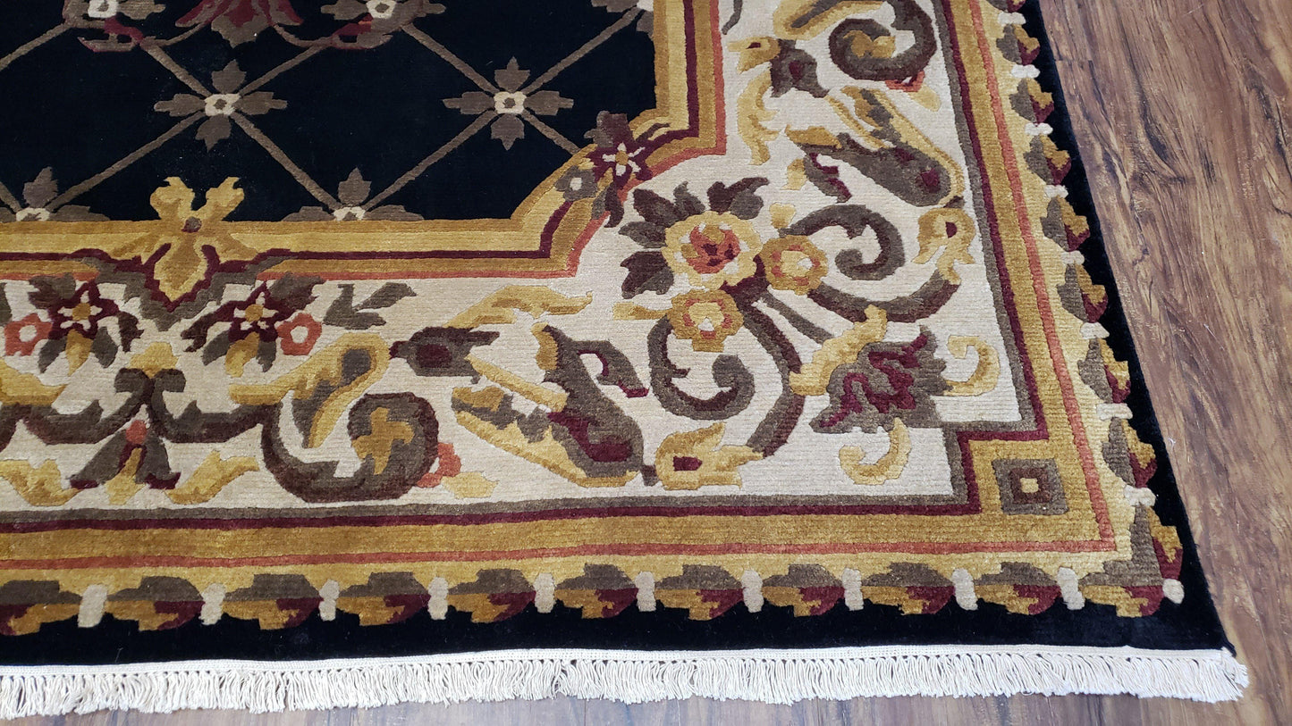 Nepal Rug 6x9 Hand Knotted Wool Aubusson Area Rug Black Beige Tibetan Savonnerie Style