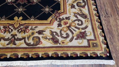 Nepal Rug 6x9 Hand Knotted Wool Aubusson Area Rug Black Beige Tibetan Savonnerie Style