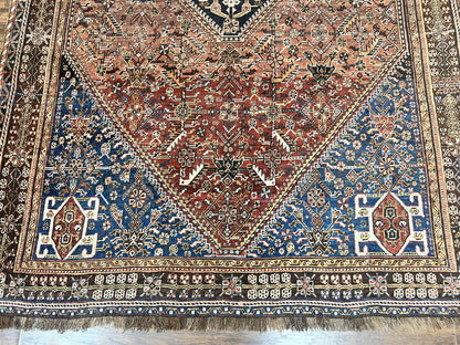 Antique Persian Shiraz Tribal Rug 6x8 Hand Knotted Wool Carpet Red Blue Geometric Design
