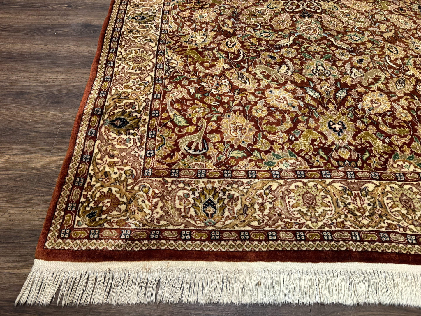 Tree Of Life Kashmiri Rug 6x9 Indian Wool Hand Knotted Rust Red Cream Animal Pictorials