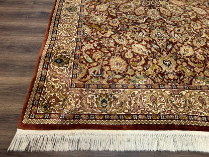 Tree Of Life Kashmiri Rug 6x9 Indian Wool Hand Knotted Rust Red Cream Animal Pictorials