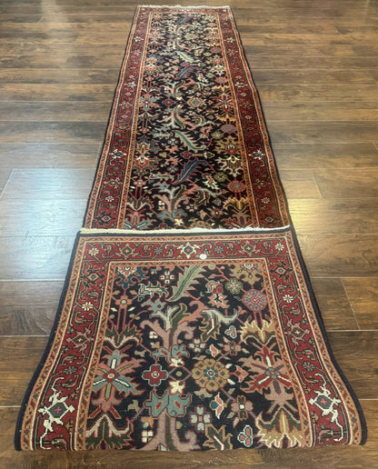 Indo Persian Runner Rug 2.7 x 13, Navy Blue and Red, Allover Floral, Wool, 13ft Runner