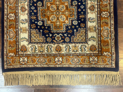 Indo Persian Runner Rug 2.6 x 12.7, Indian Kashmiri Runner for Hallway or Kitchen, Navy Blue, Geometric Medallions, Handmade Wool