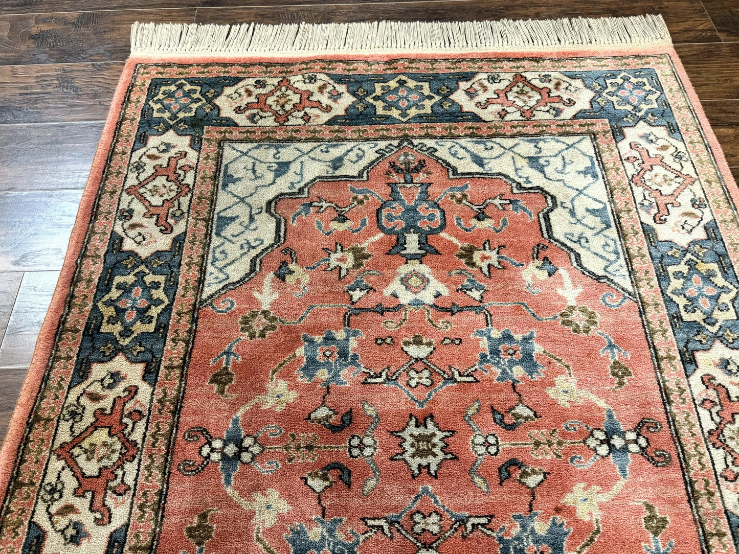 Karastan Rug 4x6 Bergama Design #737, Karastan Area Rug, Vintage Wool Karastan Carpet, Original Collection 700 Series, Salmon Red Light Blue