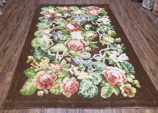 Floral Needlepoint Rug, Medium Rug, Vintage Area Rug, Handmade Flat Weave Rug, Dark Brown Rug, Multicolor Large Colorful Flowers, 5x8 - 6x8