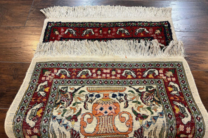 Small Indo Persian Rug 2x3 ft, Wool with Silk Highlights, Animal Pictorial Motifs Birds Vase Flowers, Cream and Maroon, Hand Knotted Fine