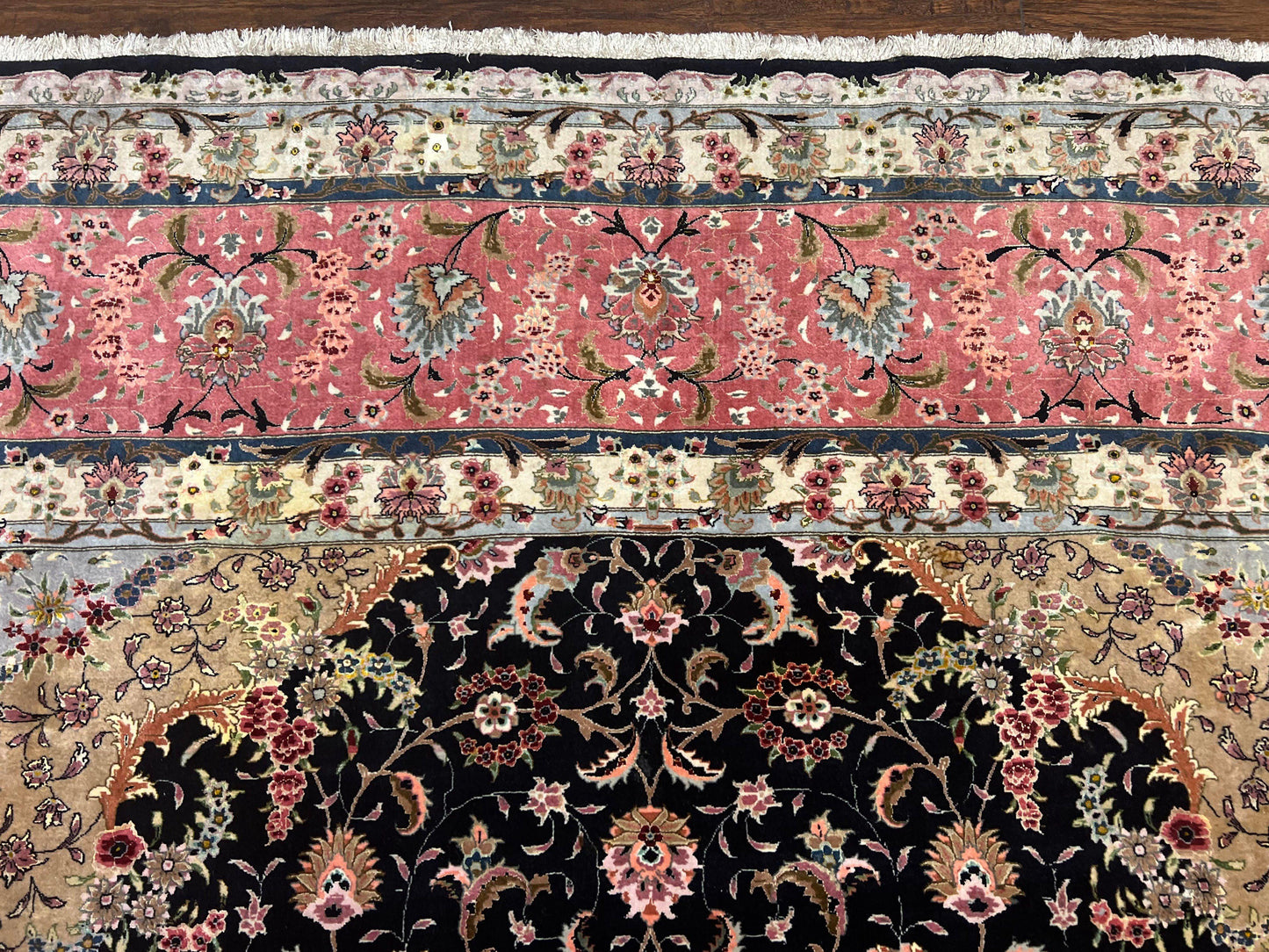Persian Tabriz Rug 11x16 Hand Knotted Wool On Silk Floral Medallion Black Pink