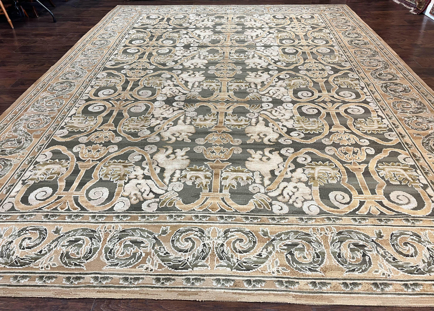 Spanish Wool Rug 11x14 Hand Knotted Vintage Floral Olive Green Beige European Design