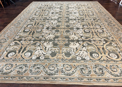 Spanish Wool Rug 11x14 Hand Knotted Vintage Floral Olive Green Beige European Design