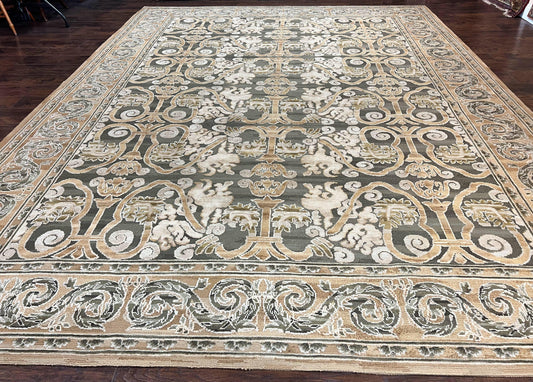 Spanish Wool Rug 11x14 Hand Knotted Vintage Floral Olive Green Beige European Design