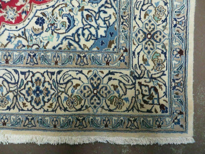 Square Persian Nain Rug 6ft 3in By 6ft 8in Hand Knotted Wool Silk Accents Ivory Red Blue