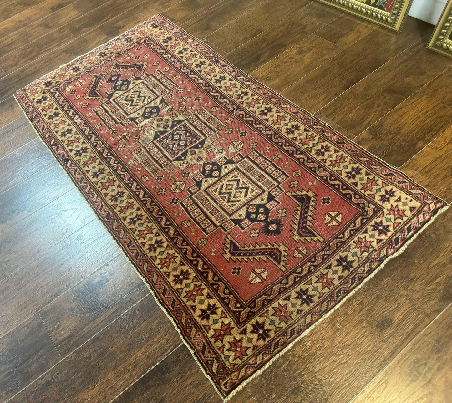 Antique Turkish Sparta Rug 3x6 Handmade Wool Kilim With Caucasian Kazak Pattern