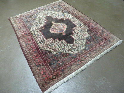 Antique Handmade Wool Rug Open Field Oriental Floral Indian Vegetable Dyes Colors 47 By 59 Inches