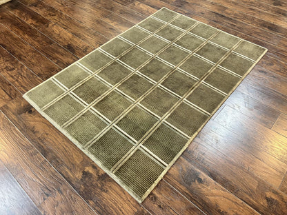 Tibetan Rug 4x6 Handmade Green Wool Area Rug With Panel Design Modern Contemporary