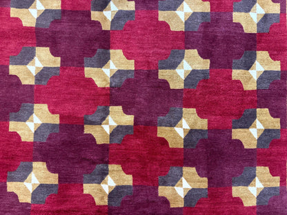 Modern Tibetan Rug 5 x 6.8, Wool, Red, Allover Pattern, Nepali Rug, Abstract Rug, Handmade Area Rug