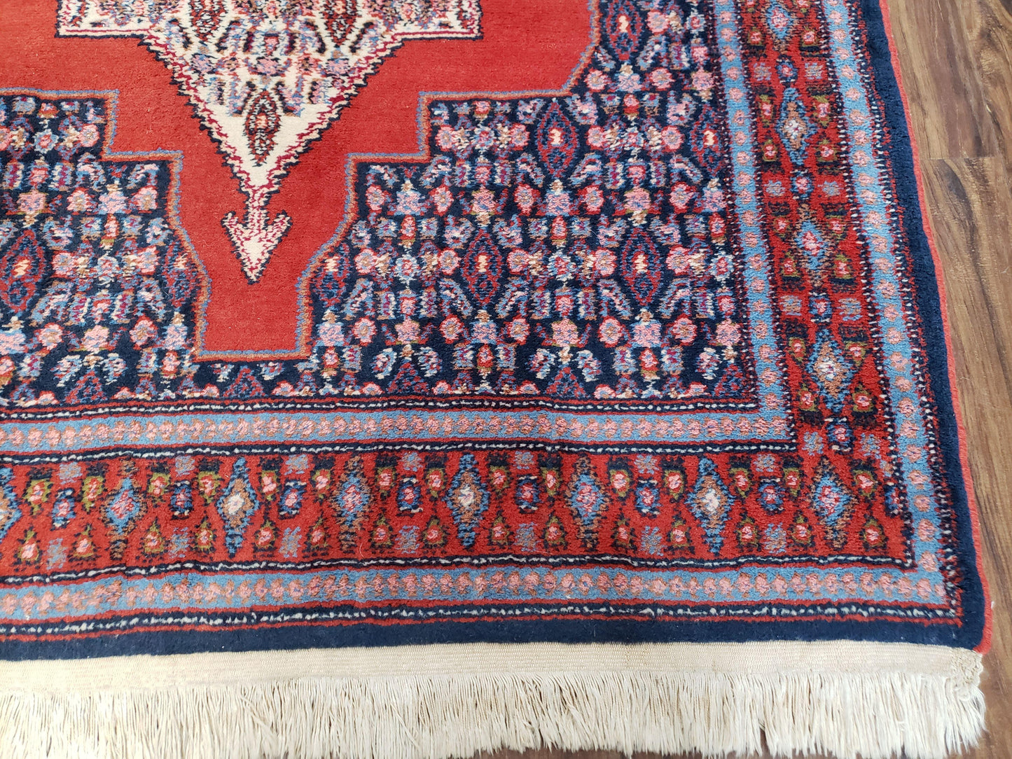 Senneh Wool Area Rug 4x6 Handmade Kurdish Carpet Vegetable Dyes Red Blue