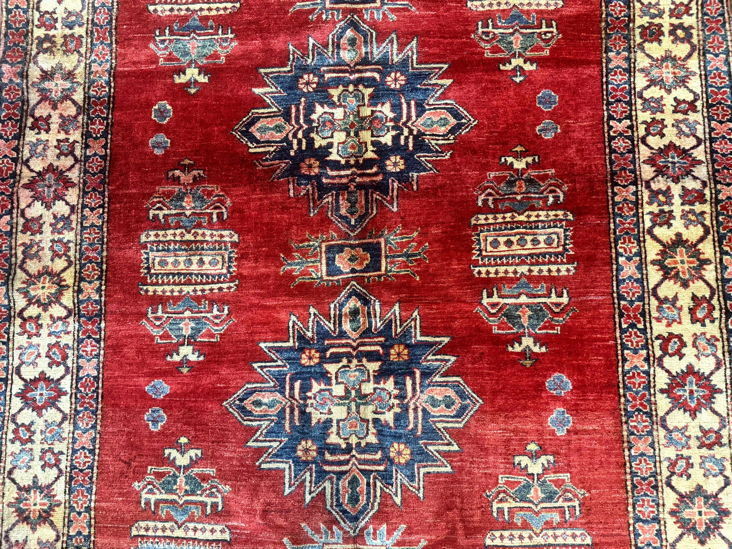 Square Turkish Rug 6x6, Azerbaijani Azeri Turkish Armenian Rug, Red Tan Blue, Geometric, Wool Carpet