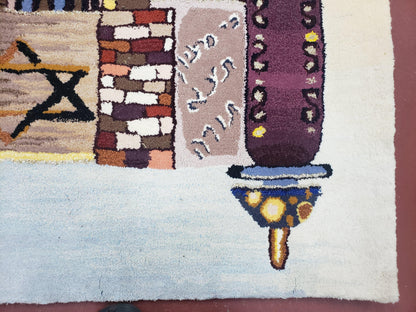Vintage Judaica Pictorial Rug 3x5, Wool Hand-Tufted Israeli Signed Rug, Jerusalem Rug, Star of David Torah Scroll Verses, Chanuka Gift