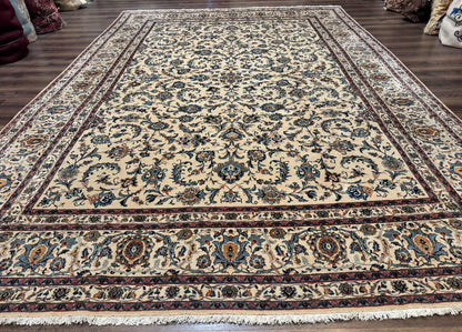 Persian Kashan Rug 10x14, Bone - Beige and Blue, Allover Pattern, Traditional Persian Carpet, Fine 260 KPSI