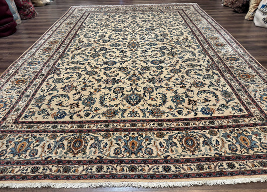 Persian Kashan Rug 10x14, Bone - Beige and Blue, Allover Pattern, Traditional Persian Carpet, Fine 260 KPSI