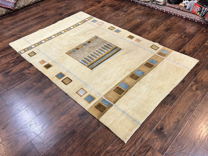 Tibetan Rug 5x8, Contemporary Rug 5 x 8 ft, Cream Brown Blue Hand-Knotted Wool w/ Silk Highlights Tibetan Carpet, Modern Rug
