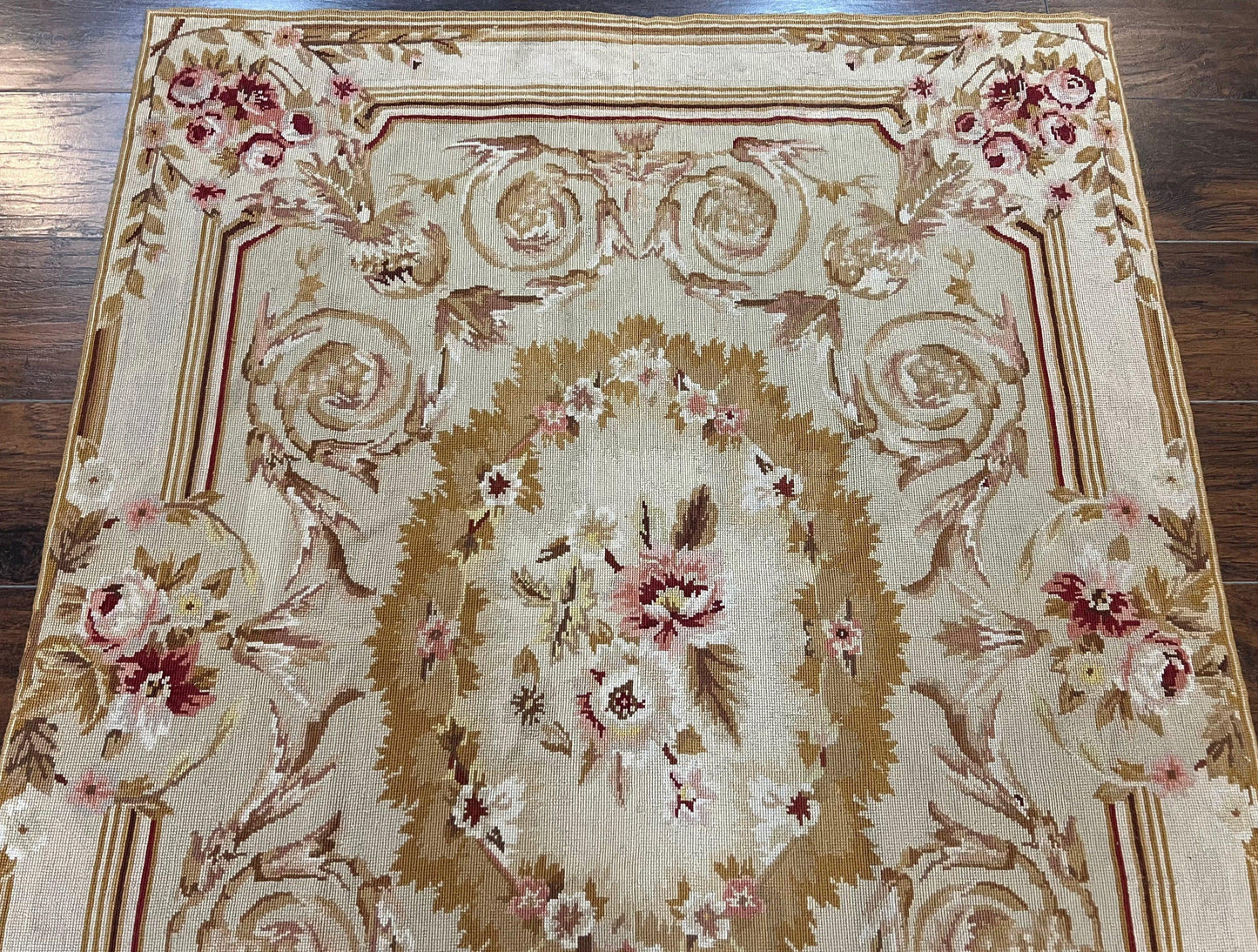 Aubusson Needlepoint Rug 4x5 Ft Beige Tan Vintage Wool Floral Rose European Design