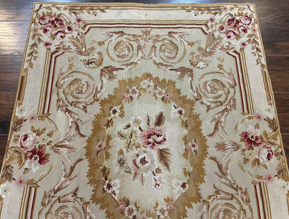 Aubusson Needlepoint Rug 4x5 Ft Beige Tan Vintage Wool Floral Rose European Design