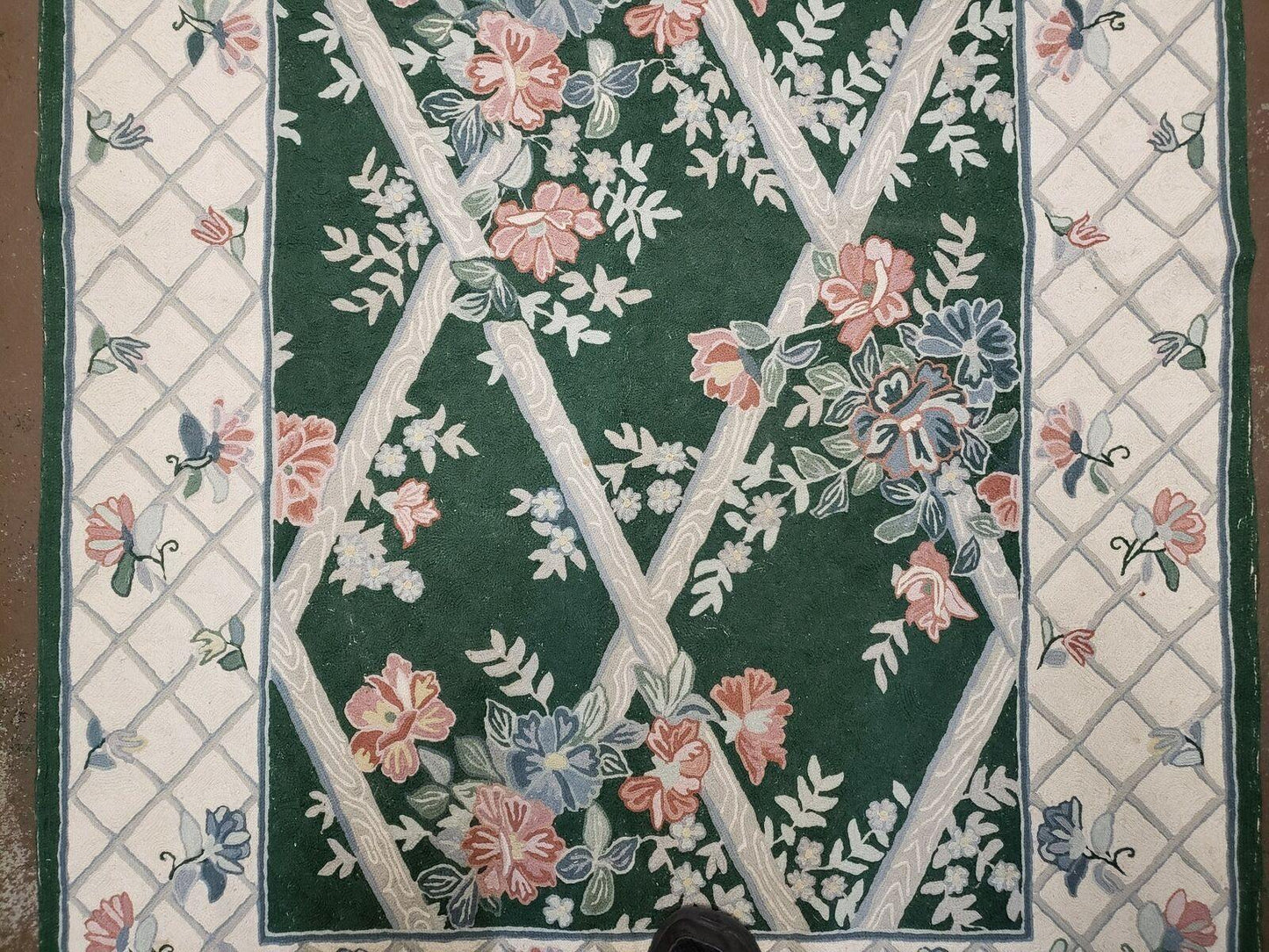 Hand Stitched Indian Wool Rug 3 Ft 6 In By 5 Ft 6 In Green Beige Backing Vintage 1980s