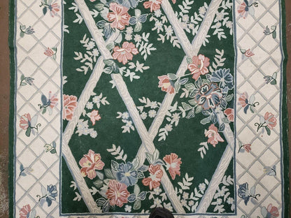 Hand Stitched Indian Wool Rug 3 Ft 6 In By 5 Ft 6 In Green Beige Backing Vintage 1980s